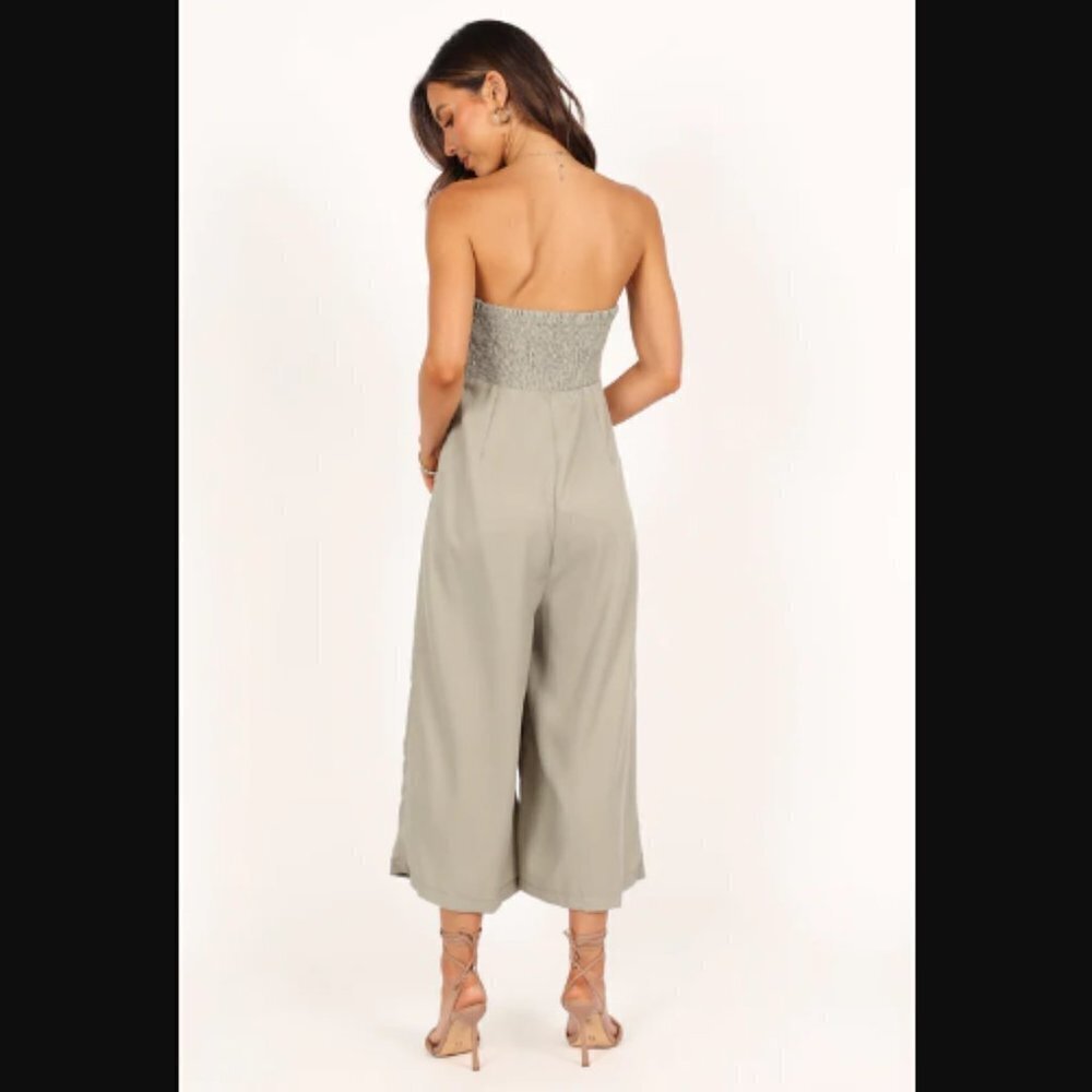 Petal & Pup Jonie Olive Green Strapless Wide Leg Cropped Jumpsuit XL - Picture 4 of 11